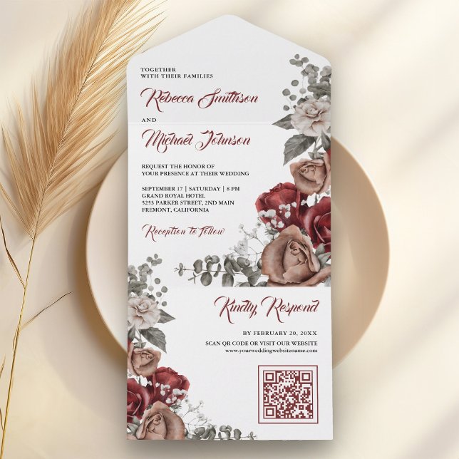 Invitation Tout En Un Burgundy Red Roses Floral QR Code Wedding (Créateur téléchargé)