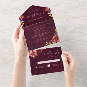 Invitation Tout En Un Burgundy Rose Gold Aquarelle Leçons Mariage