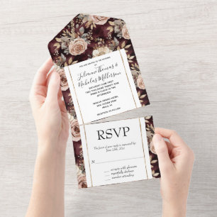 Invitation Tout En Un Burgundy Rouge Blush Floral Mariage