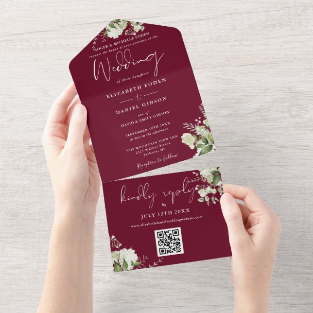 Invitation Tout En Un Burgundy Rouge Floral QR Code Mariage officiel (Déchirure)