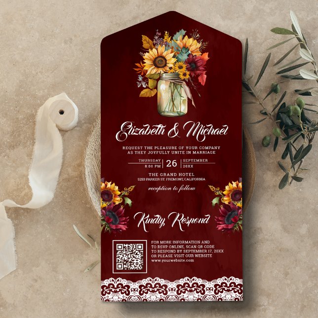 Invitation Tout En Un Burgundy Sunflowers Mason Jar Red QR Code Mariage (Créateur téléchargé)