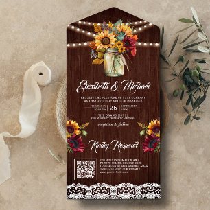 Invitation Tout En Un Burgundy Sunflowers Mason Jar Wood QR Code Mariage