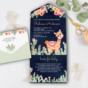 Invitation Tout En Un Cactus Floral Rustique Llama Bleu Marine Baby Show