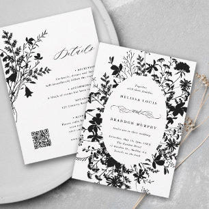 Invitation Tout en un cadre Fleur sauvage noir et blanc Maria