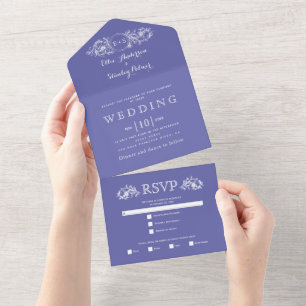 Invitation Tout En Un Cadre floral bleu périphérique, initiales mariage