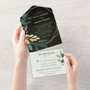 Invitation Tout En Un Cadre géométrique et vert noir avec Rsvp