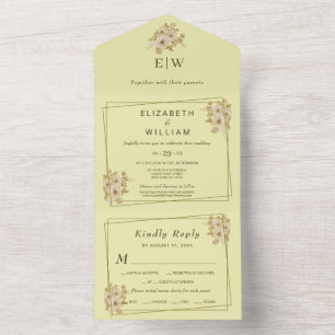 Invitation Tout En Un Cadre Rose – Monogramme Jaune Céleste Mariage