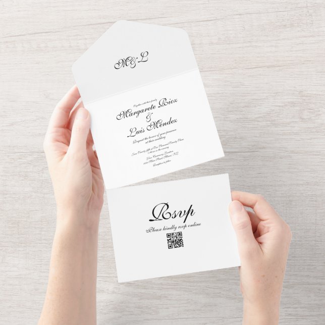 Invitation Tout En Un Caligraphie simple Noir Blanc Élégant Mariage (Déchirure)