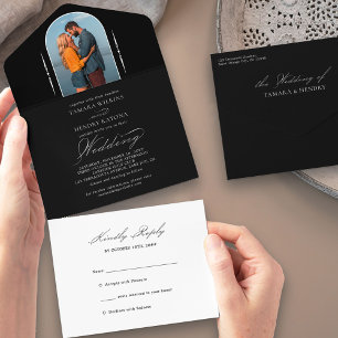 Invitation Tout En Un Calligraphie Élégante Photo Noir et Blanc Mariage 