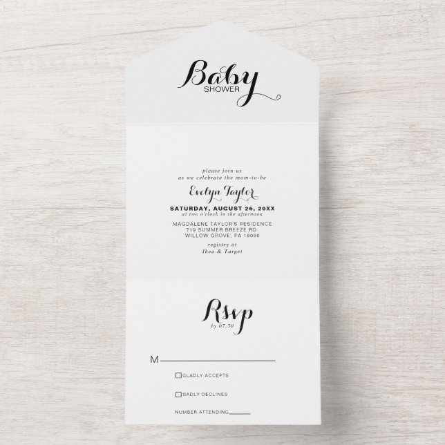 Invitation Tout En Un Calligraphie moderne Baby shower officiel (À l'intérieur)