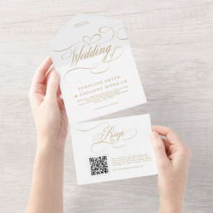 Invitation Tout En Un Calligraphie moderne or intemporel et mariage blan