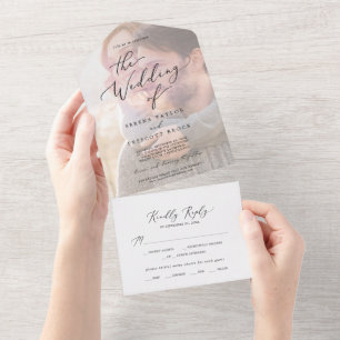 Invitation Tout En Un Calligraphie noire délicate   Mariage photo