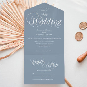Invitation Tout En Un Calligraphie romantique Dusty Mariage bleu