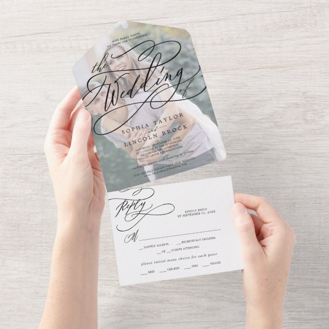 Invitation Tout En Un Calligraphie romantique | Faded Photo Le Mariage D (Déchirure)