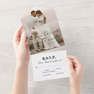 Invitation Tout En Un Calligraphie romantique Monogramme Photo Mariage