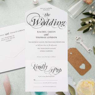 Invitation Tout En Un Calligraphie romantique Noir Blanc Mariage