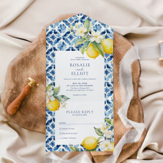 Invitation Tout En Un Carrelage bleu méditerranéen Mariage italien citro
