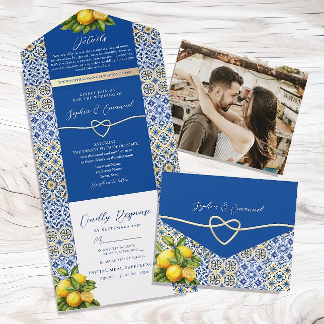 Invitation Tout En Un Carrelage Italien Bleu Citron pour Mariage (Créateur téléchargé)