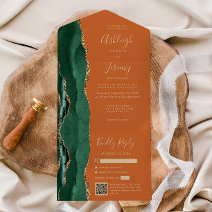 Invitation Tout En Un Carton de mariage Code QR Vert Émeraude Agate Oran