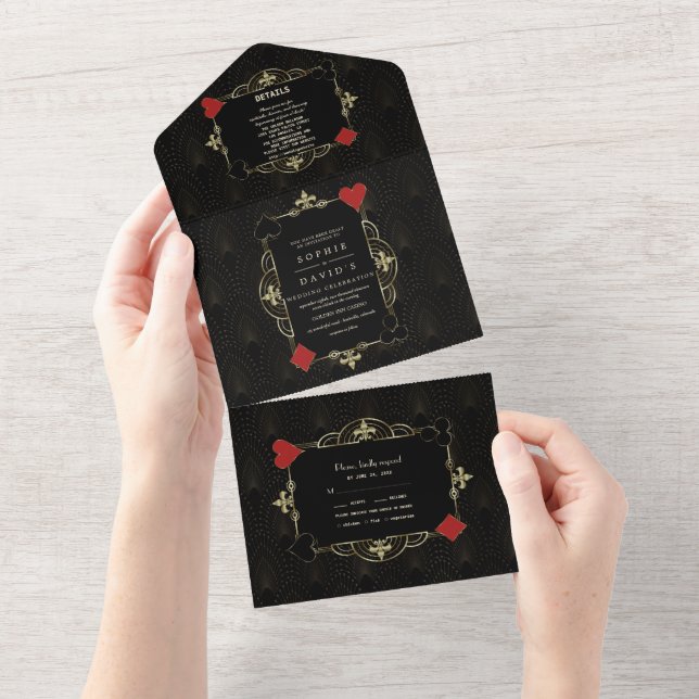 Invitation Tout En Un Casino Vegas Poker Gold Black Art Déco Mariage (Déchirure)