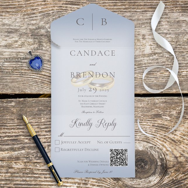 Invitation Tout En Un Cercles mariages Moderne Dusty Bleu QR Code (Créateur téléchargé)