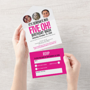 Invitation Tout En Un Cercles photo en noir rose graphique 50e anniversa