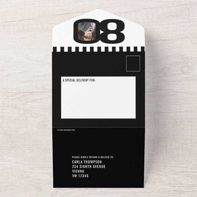 Invitation Tout En Un Cercles photo mono noir rayures 80e anniversaire (Dehors)