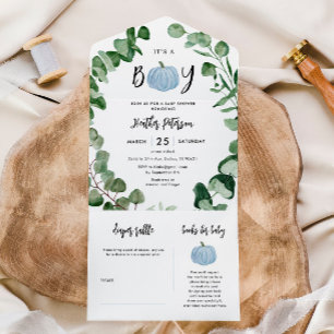 Invitation Tout En Un C'est un Baby shower garçon Citrouille bleu garçon