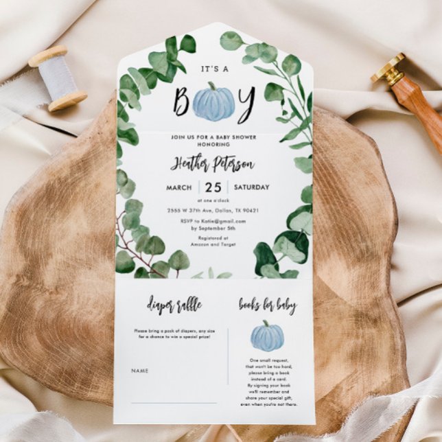 Invitation Tout En Un C'est un Baby shower garçon Citrouille bleu garçon (Créateur téléchargé)