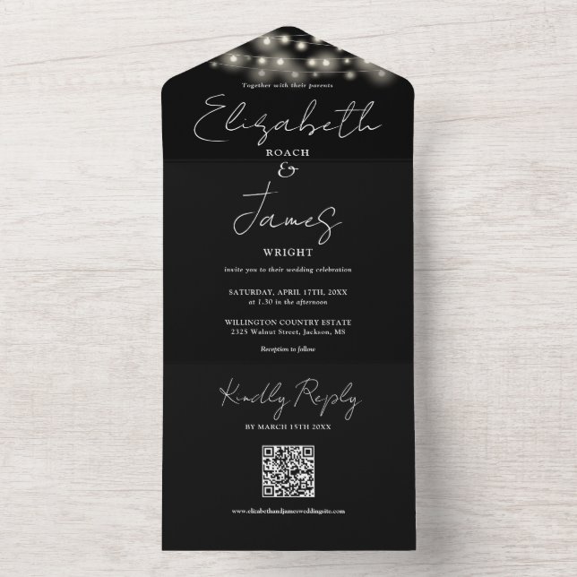 Invitation Tout En Un Chaîne Lights QR Code Mariage noir et blanc (À l'intérieur)