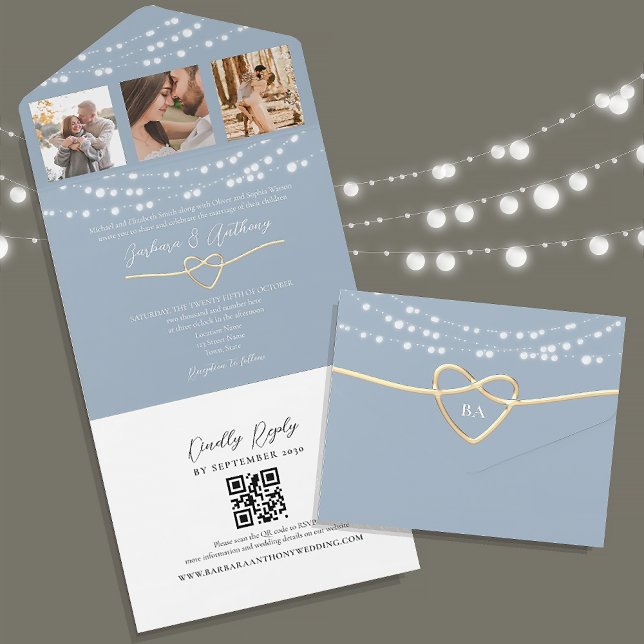 Invitation Tout En Un Chaîne Lumières Dusty Blue Mariage QR Code (Créateur téléchargé)