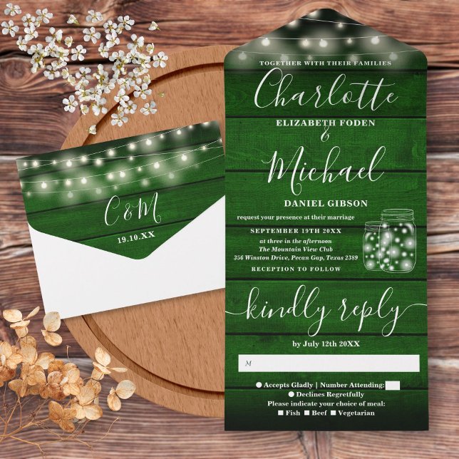 Invitation Tout En Un Chaîne Lumières Mason Jars Mariage en bois vert (String Lights Mason Jars Green Wood Wedding All In One Invitation)