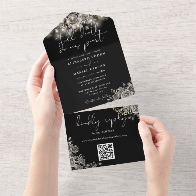 Invitation Tout En Un Chaîne Rose gothique Lights QR Code Mariage (Déchirure)