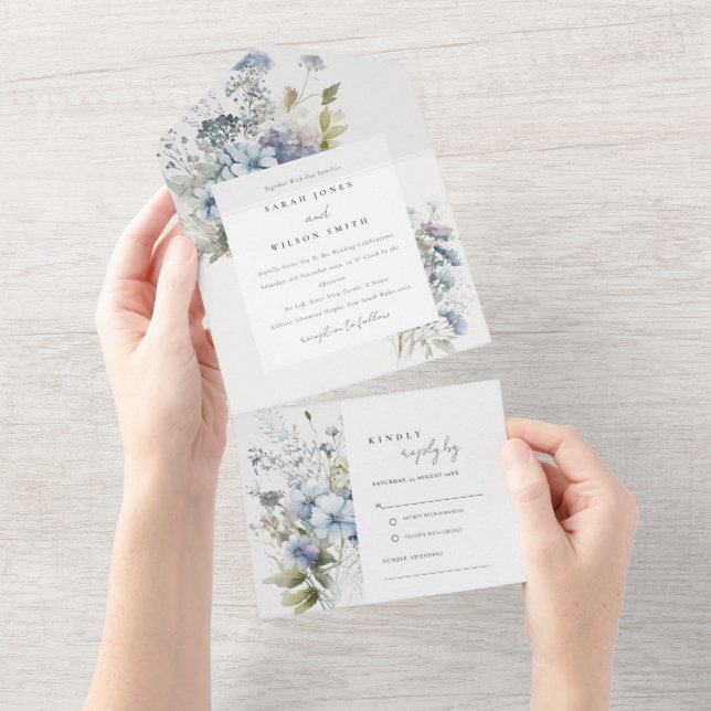 Invitation Tout En Un Chalet bleu Dusky Mariage floral (Déchirure)
