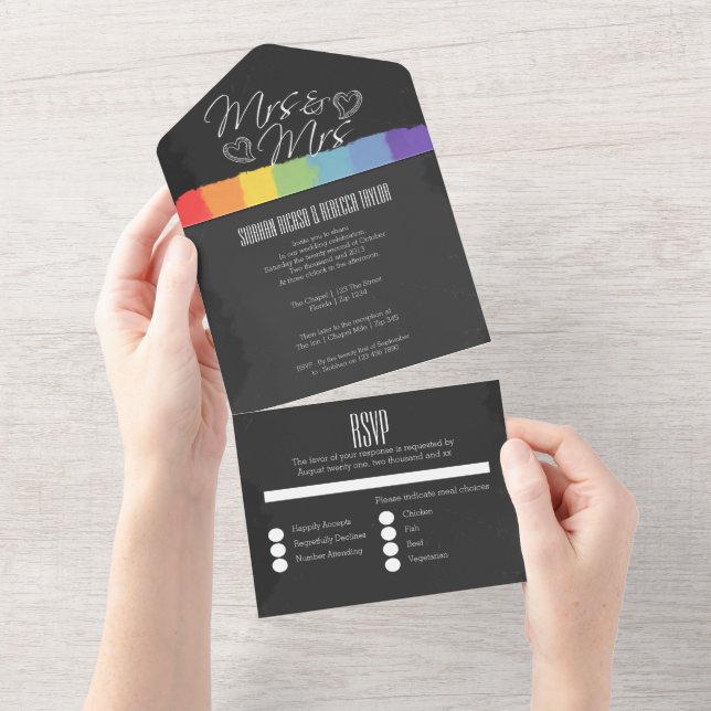 Invitation Tout En Un Chalkboard mariage doodle coeurs Mme et Mme (Déchirure)