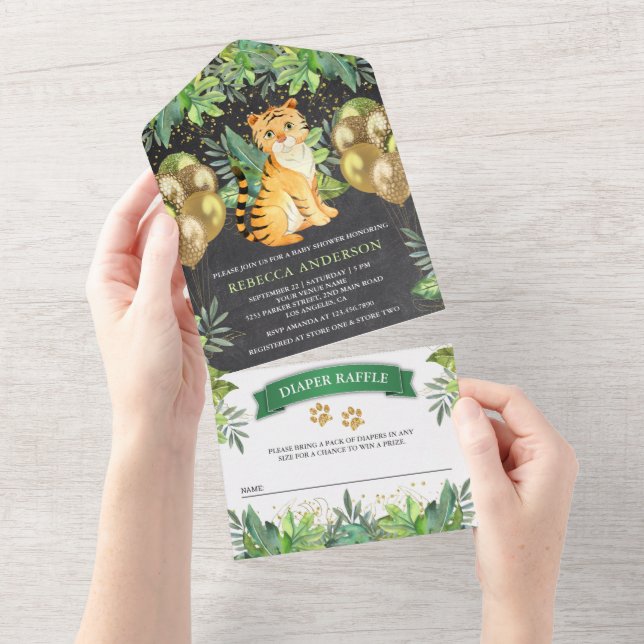 Invitation Tout En Un Chalkboard Safari Balloons Tiger Baby shower (Déchirure)
