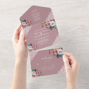 Invitation Tout En Un Charm Dusty Blue Misty Rose Fleurs Mariage