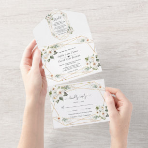 Invitation Tout En Un Charm Fleurs blanches Gold Mariage