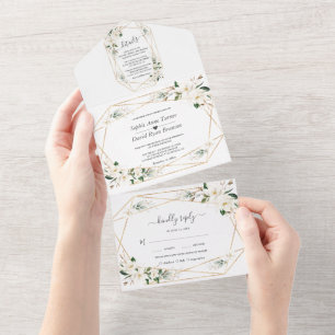 Invitation Tout En Un Charm Magnolia Fleurs Rose Mariage or