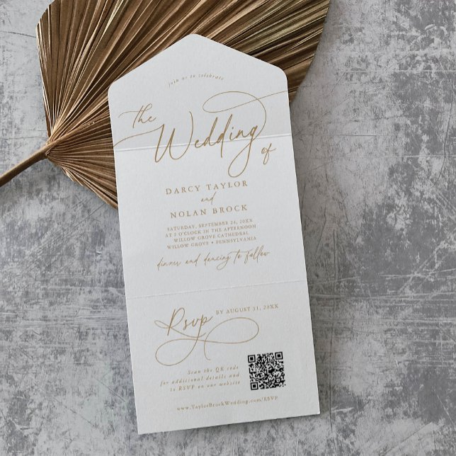 Invitation Tout En Un Charme élégant QR Code Gold Mariage (Elegant Charm QR Code Gold Wedding All In One Invitation)