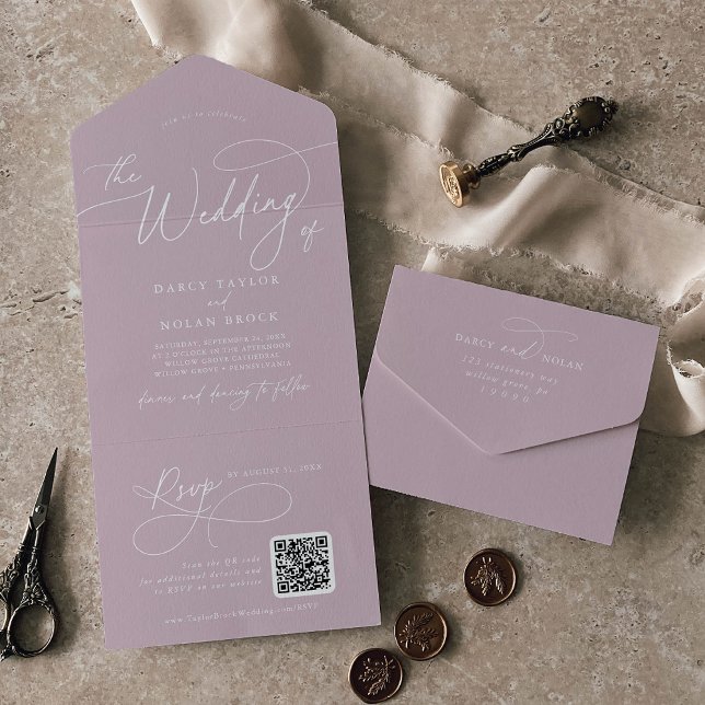 Invitation Tout En Un Charme élégant QR Code Lilac Mariage rose (Elegant Charm QR Code Lilac Pink Wedding All In One Invitation)