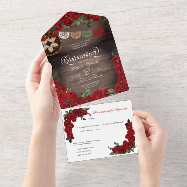 Invitation Tout En Un Charro Red Roses rustique Pays Quinceanera  (Déchirure)