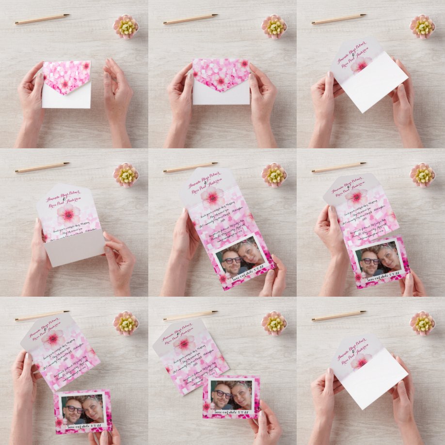 Invitation Tout En Un Cherry fleurs mariage inviter & enregistrer la dat