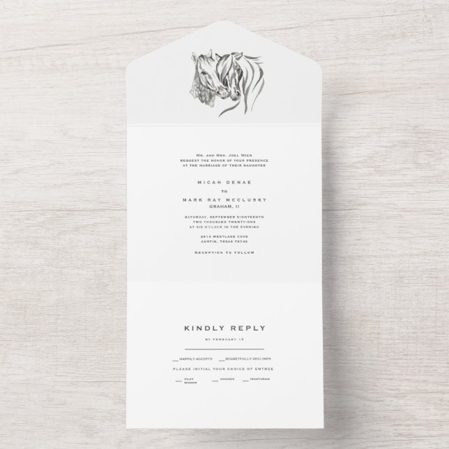 Invitation Tout En Un Chevaux à l'aquarelle Mariage simple blanc   (À l'intérieur)