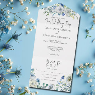 Invitation Tout En Un Chic Blue Peony Floral Spring Garden Mariage