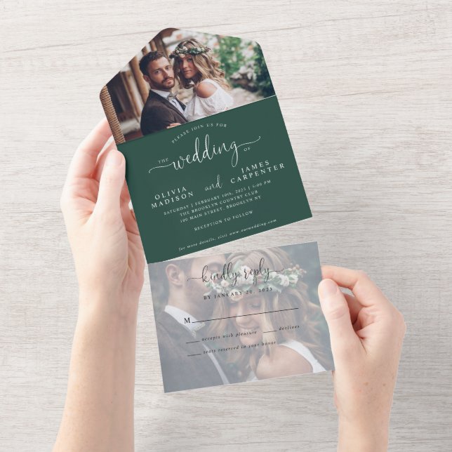 Invitation Tout En Un Chic Emerald Green Elegant Script 2 Mariage photo (Déchirure)