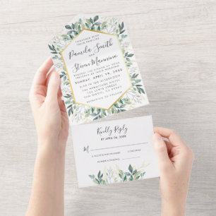 Invitation Tout En Un Chic Eucalyptus Gold Frame Mariage avec RSVP