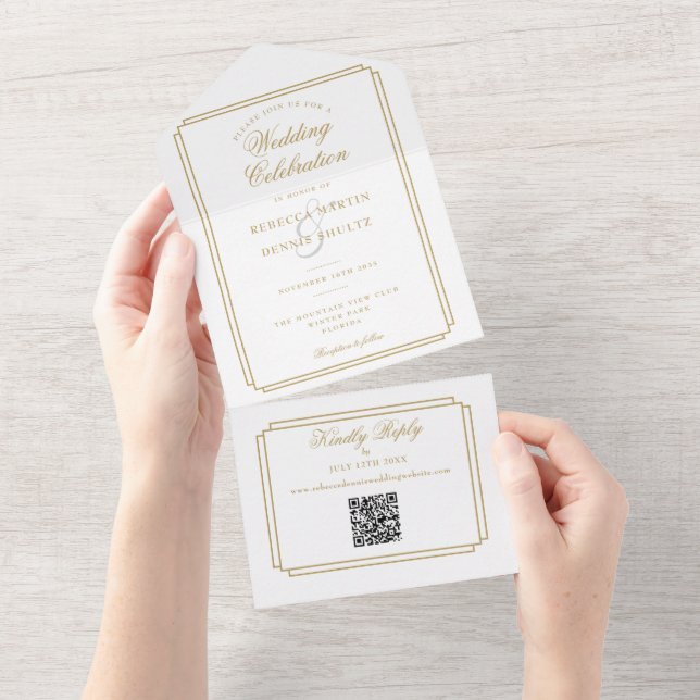 Invitation Tout En Un Chic Gold QR Code Art Déco Monogramme Mariage (Déchirure)