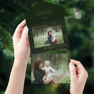 Invitation Tout En Un Chic minimaliste vert Damask Photo de Noël