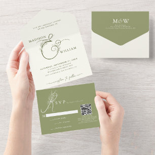 Invitation Tout En Un Chic Moss Green Floral Ampersand QR Code Mariage